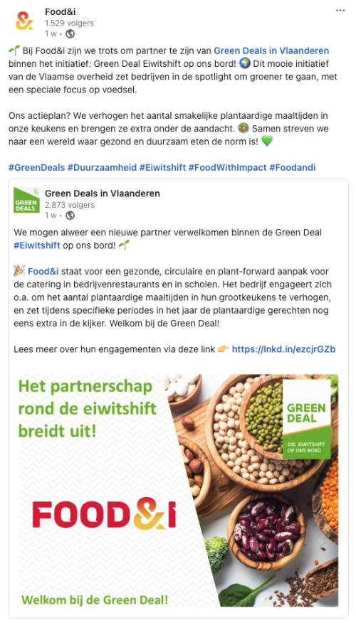 screenshot linkedin Food&i en Green Deals in Vlaanderen